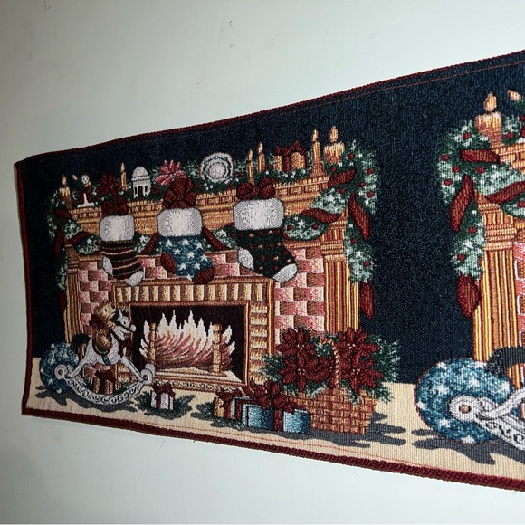 Holiday Table Runner Fireplace with Stockings Rockinghorse 70” Long 12” wide - Picture 3 of 11
